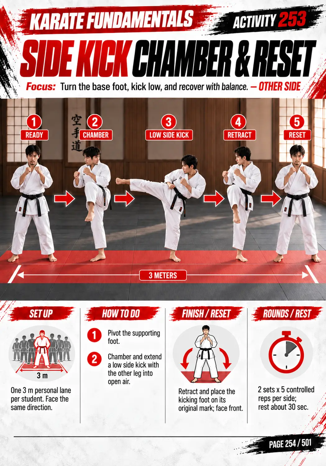 Page 254: Side Kick Chamber & Reset, a fundamentals activity with a five-step photo sequence