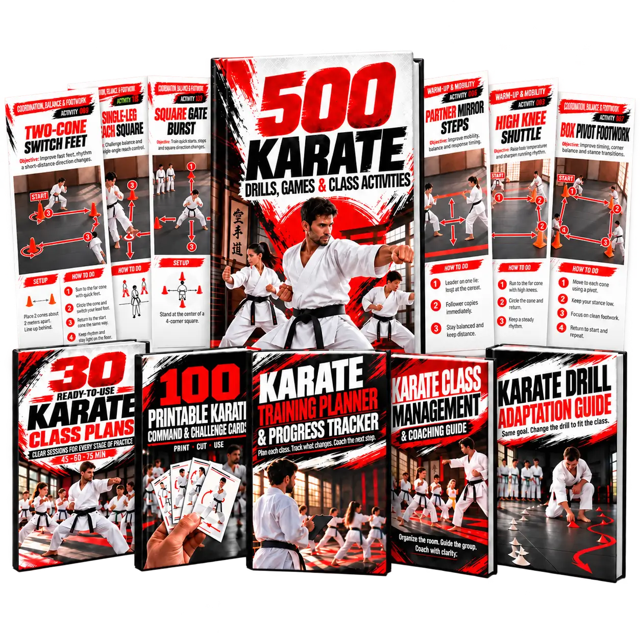 The 500 Karate Drills, Games & Class Activities package with the five bonus guides